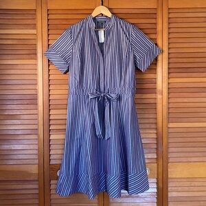 $198 Brooks Brothers Dress Womens Size 14 Poplin Cotton Tie Waist Belted Striped